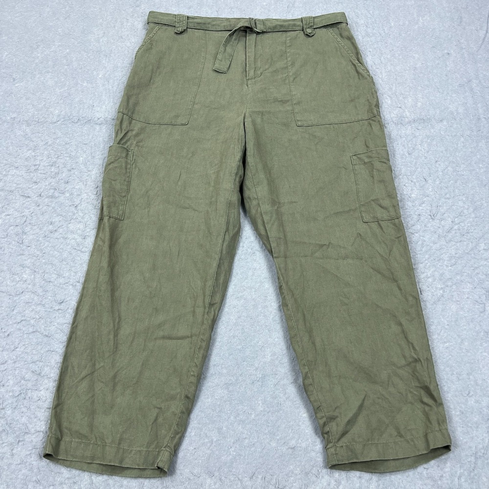 Nicole Miller‎ Pants Women's XL Green 100% Linen Woven Belted Straight Leg Cargo